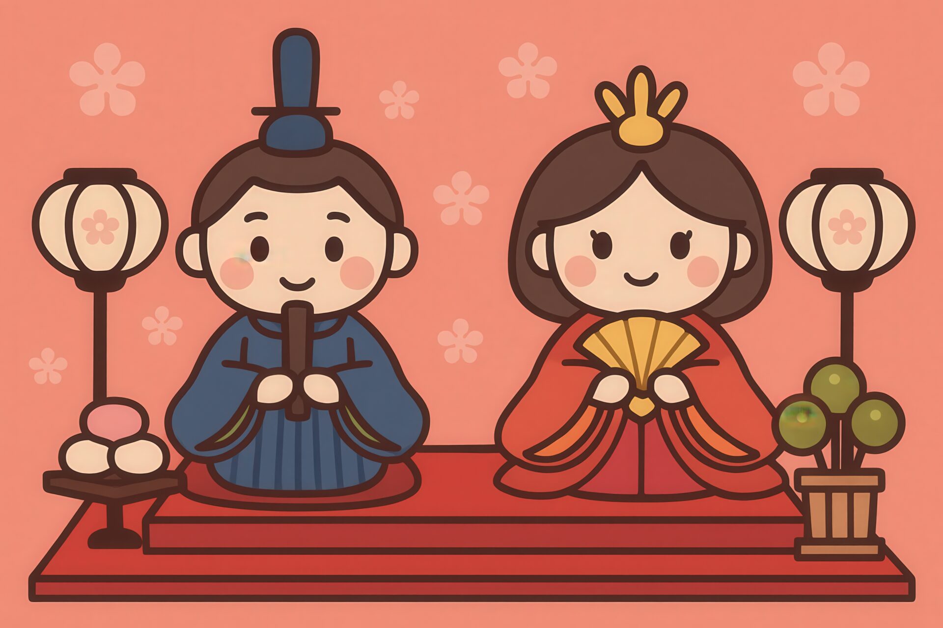 桃色背景にひな祭りの衣装を着た二体の人形が並ぶイラスト