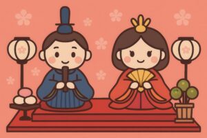 桃色背景にひな祭りの衣装を着た二体の人形が並ぶイラスト