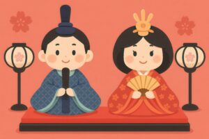 赤い台に座った雛人形のイラストと桜の装飾