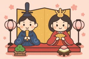 屏風を背に座る雛人形とひな祭りの装飾が並ぶイラスト