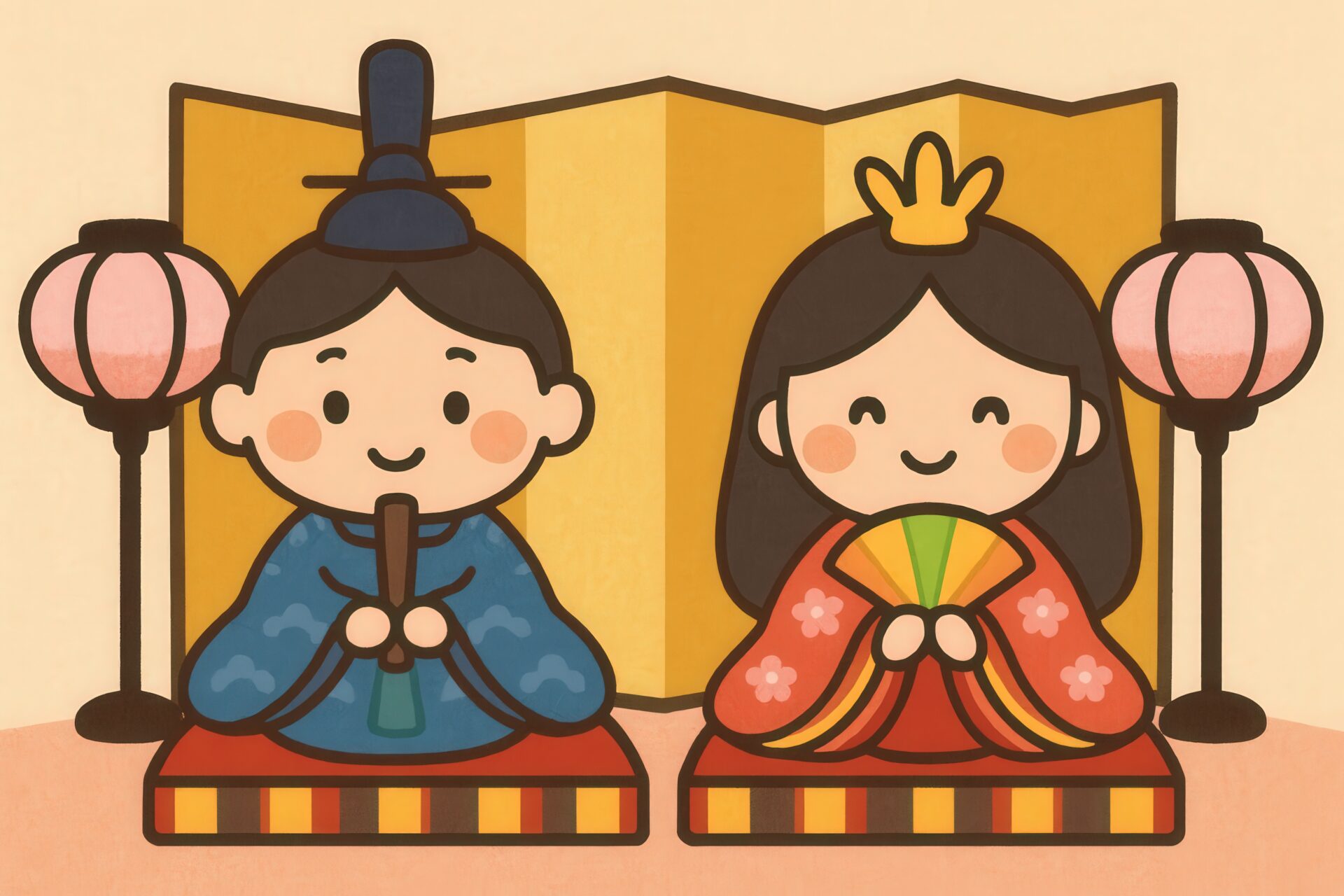 屏風とぼんぼりに囲まれたお雛様とお内裏様のイラスト
