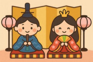 屏風とぼんぼりに囲まれたお雛様とお内裏様のイラスト