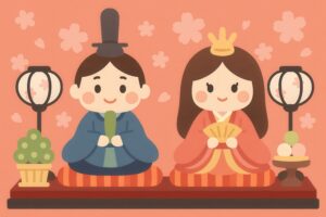 桜模様の背景に飾られたひな人形とぼんぼりのイラスト