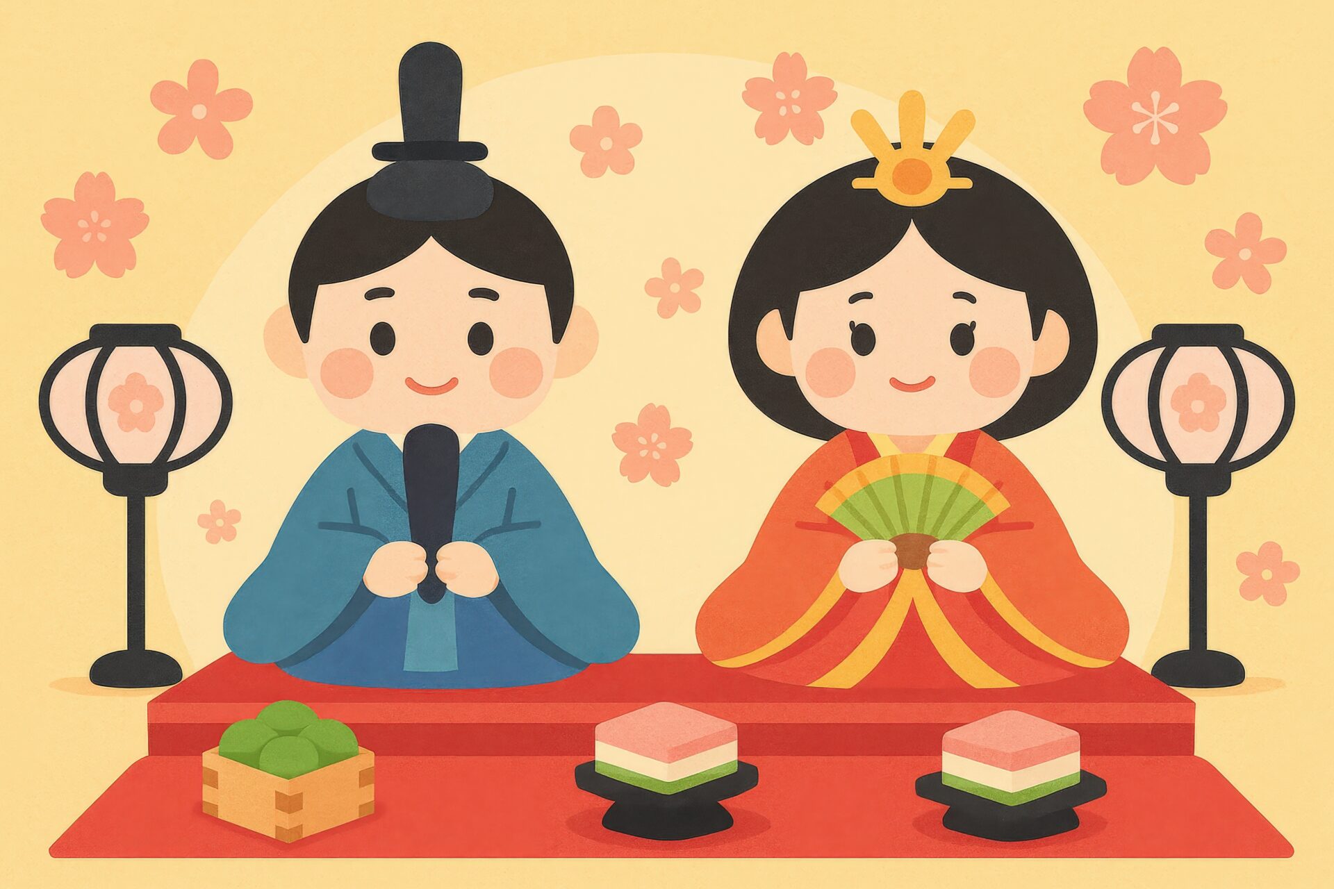 明るい背景に華やかな衣装を着た雛人形のイラスト