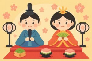 明るい背景に華やかな衣装を着た雛人形のイラスト