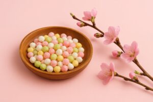 木の器に盛られたカラフルなひなあられと桃の花のイメージ
