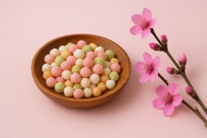 ピンクの台の上に置かれた木の皿と満開の桃の花