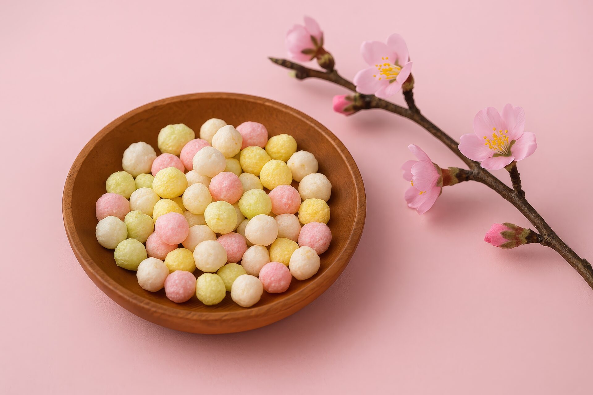 春色のひなあられと咲き始めの桃の花の組み合わせ