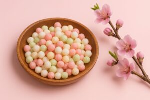 淡い色のひなあられと桃の花が並ぶ桃色背景の写真