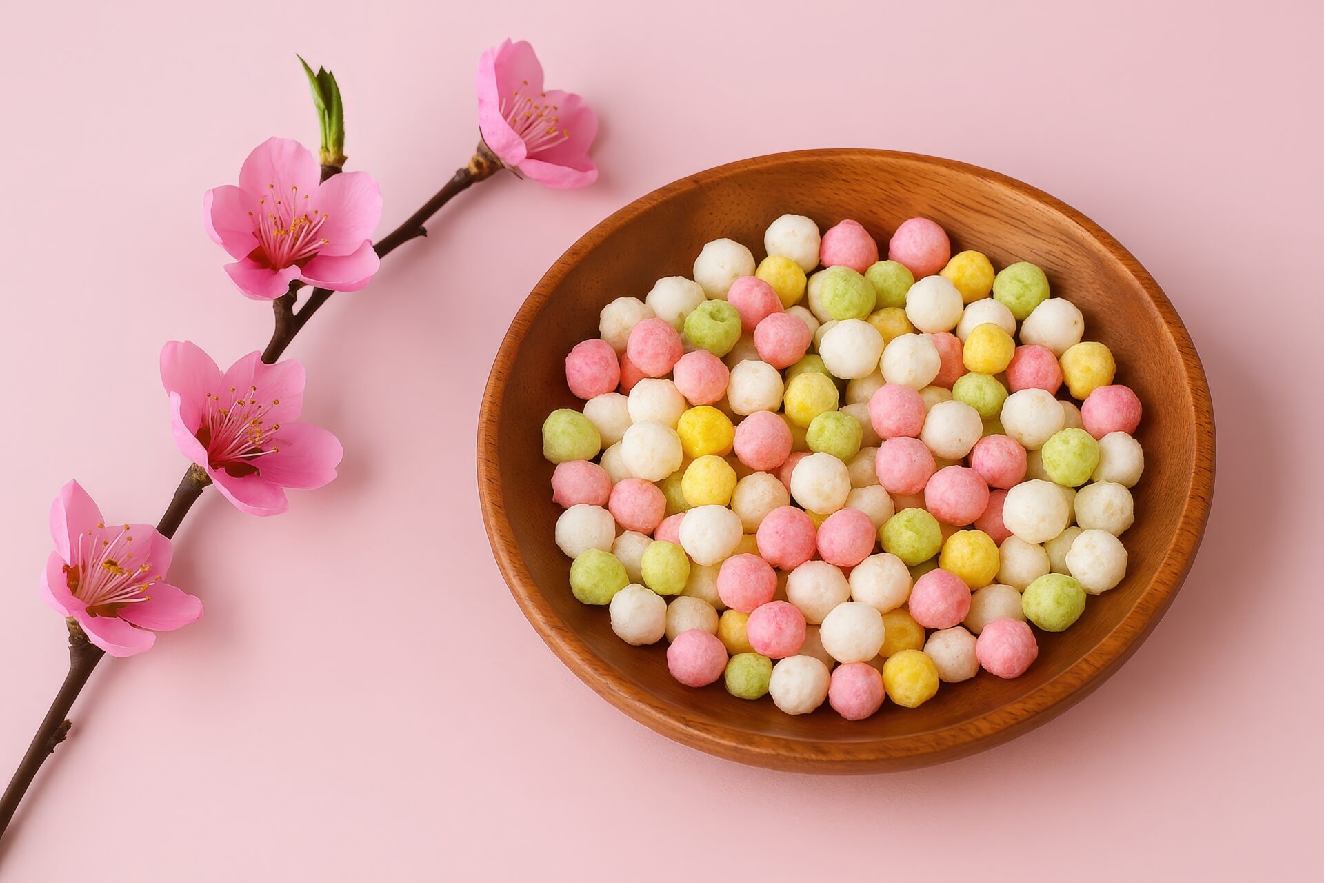 木の皿に盛られたひなあられと桃の花の枝の構図