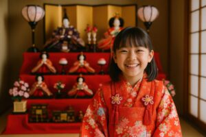 雛人形の前で笑顔を見せる赤い着物の女の子