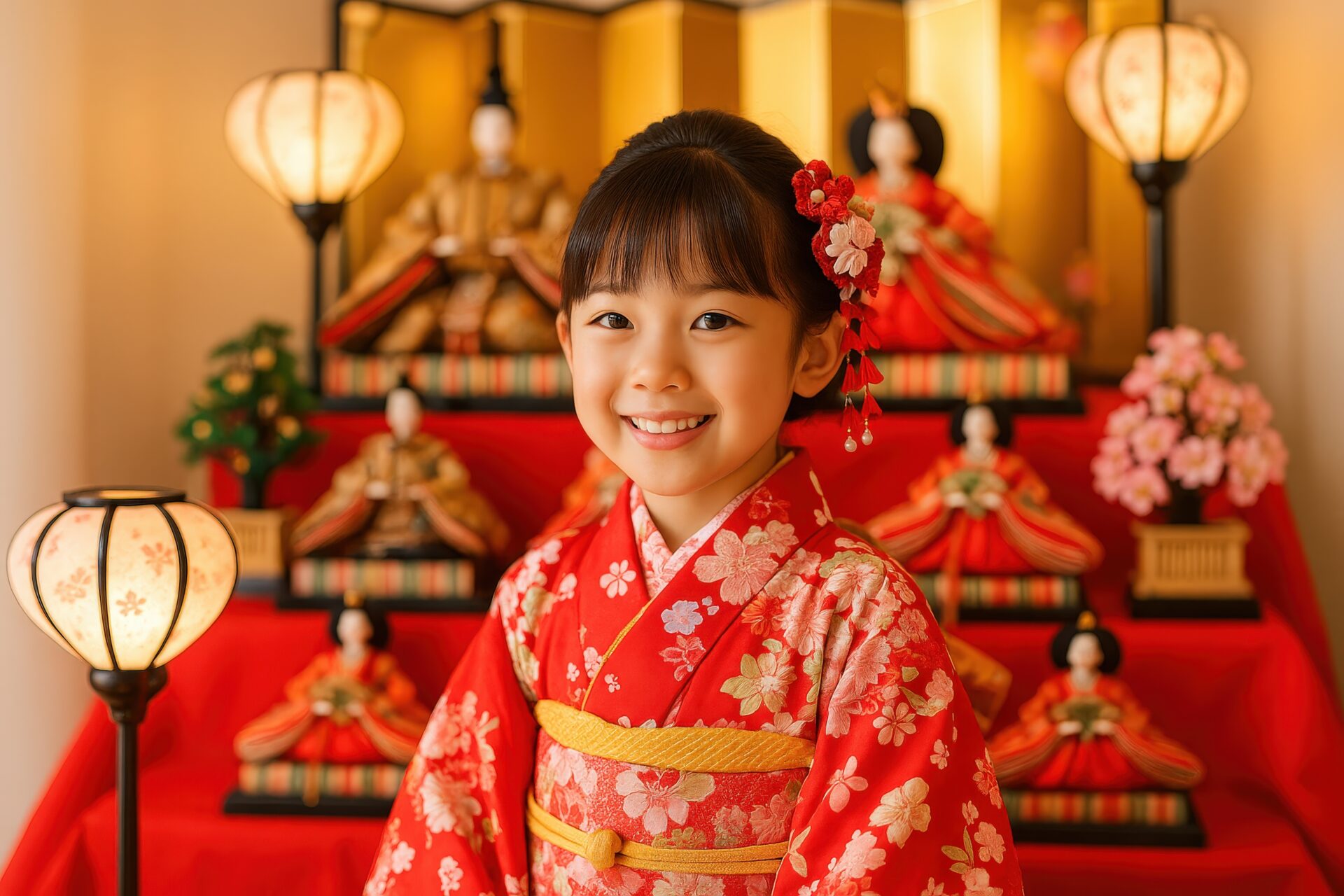 雛飾りの前で赤い着物を着た少女の記念写真