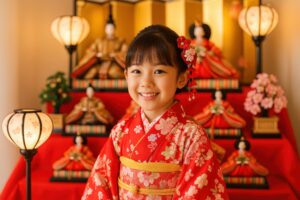 雛飾りの前で赤い着物を着た少女の記念写真