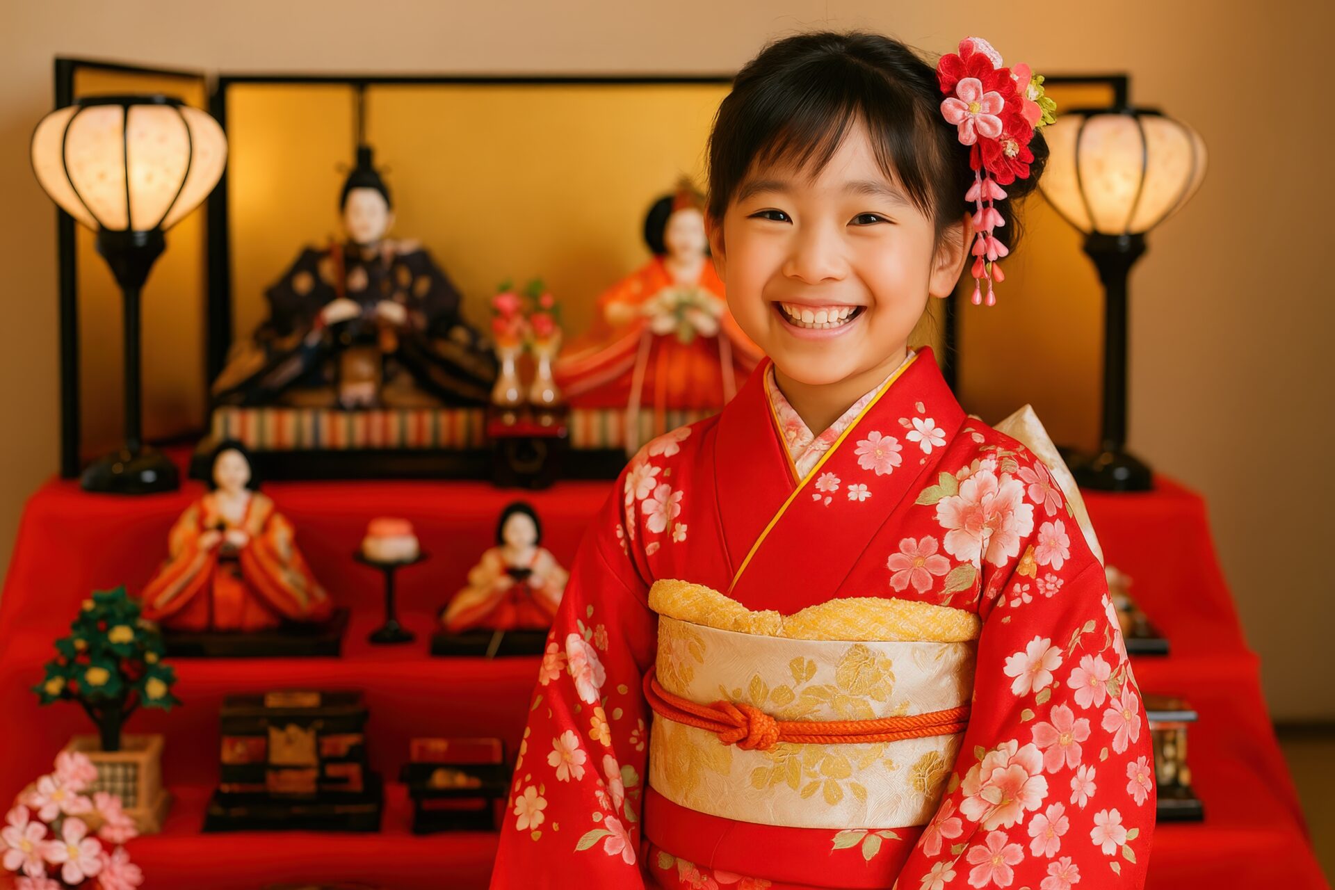 ひな祭りの飾りとともに笑顔の女の子が立つ室内風景