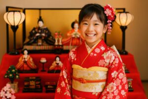 ひな祭りの飾りとともに笑顔の女の子が立つ室内風景