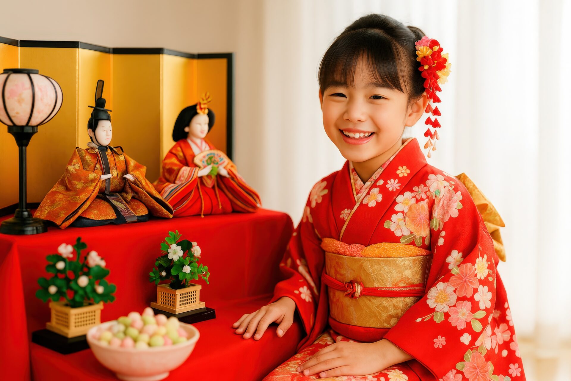 ひなあられの前に座る華やかな着物の少女