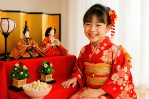 ひなあられの前に座る華やかな着物の少女