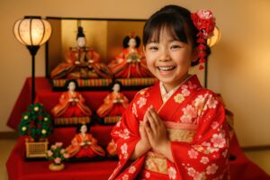 伝統的なひな人形と並ぶ赤い振袖姿の女の子