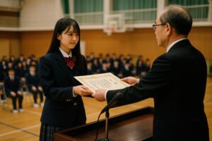 体育館で卒業証書を受け取る女子学生