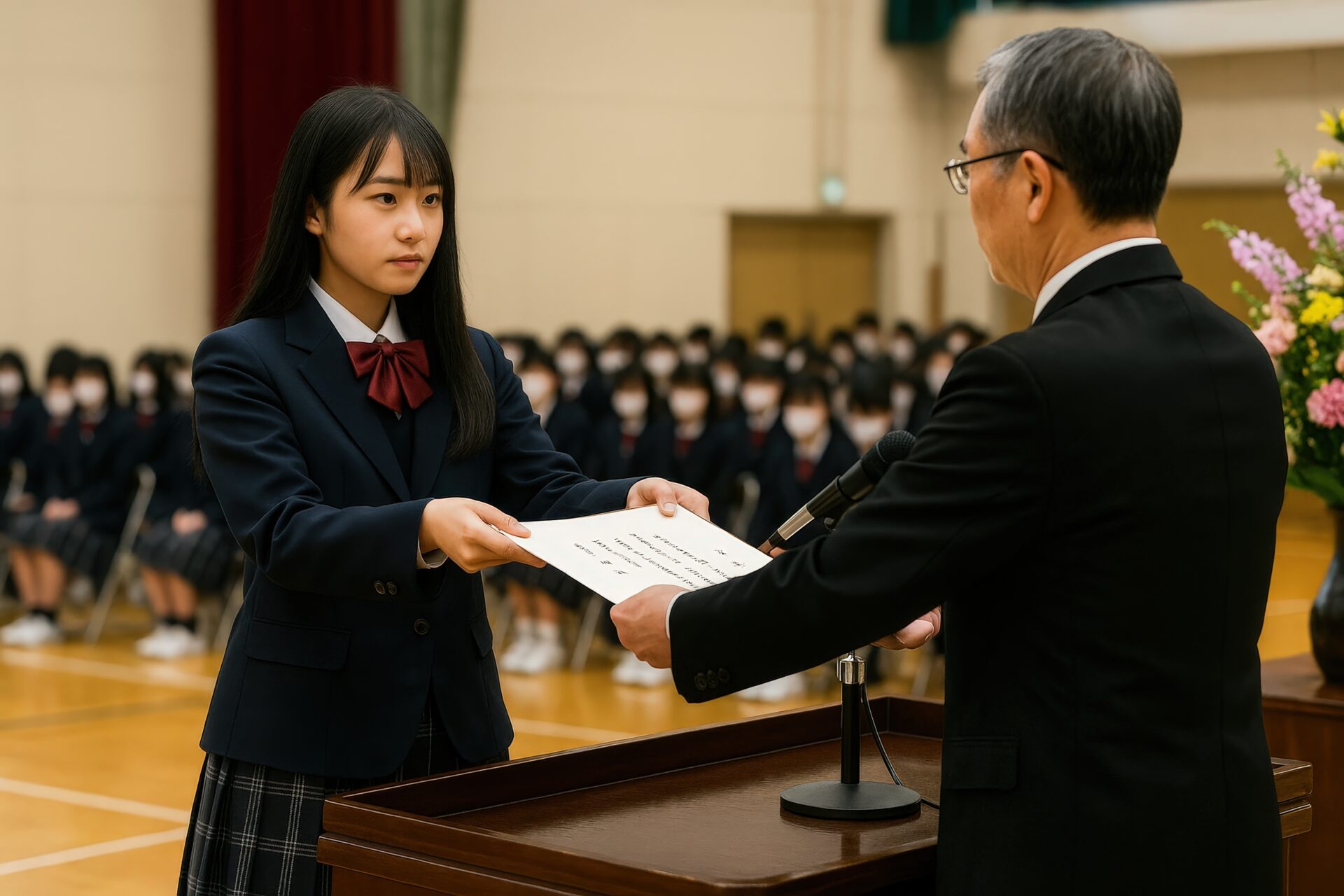 卒業式で証書を受け取る制服姿の女子生徒