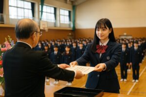 卒業式の壇上で証書を受け取る女子高校生