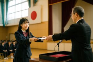卒業証書を笑顔で受け取る制服の女子生徒
