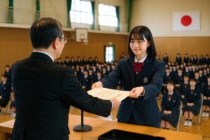 卒業式で証書を両手で受け取る女子高校生