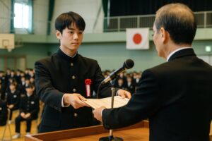 卒業証書を受け取る男子学生と壇上の教員