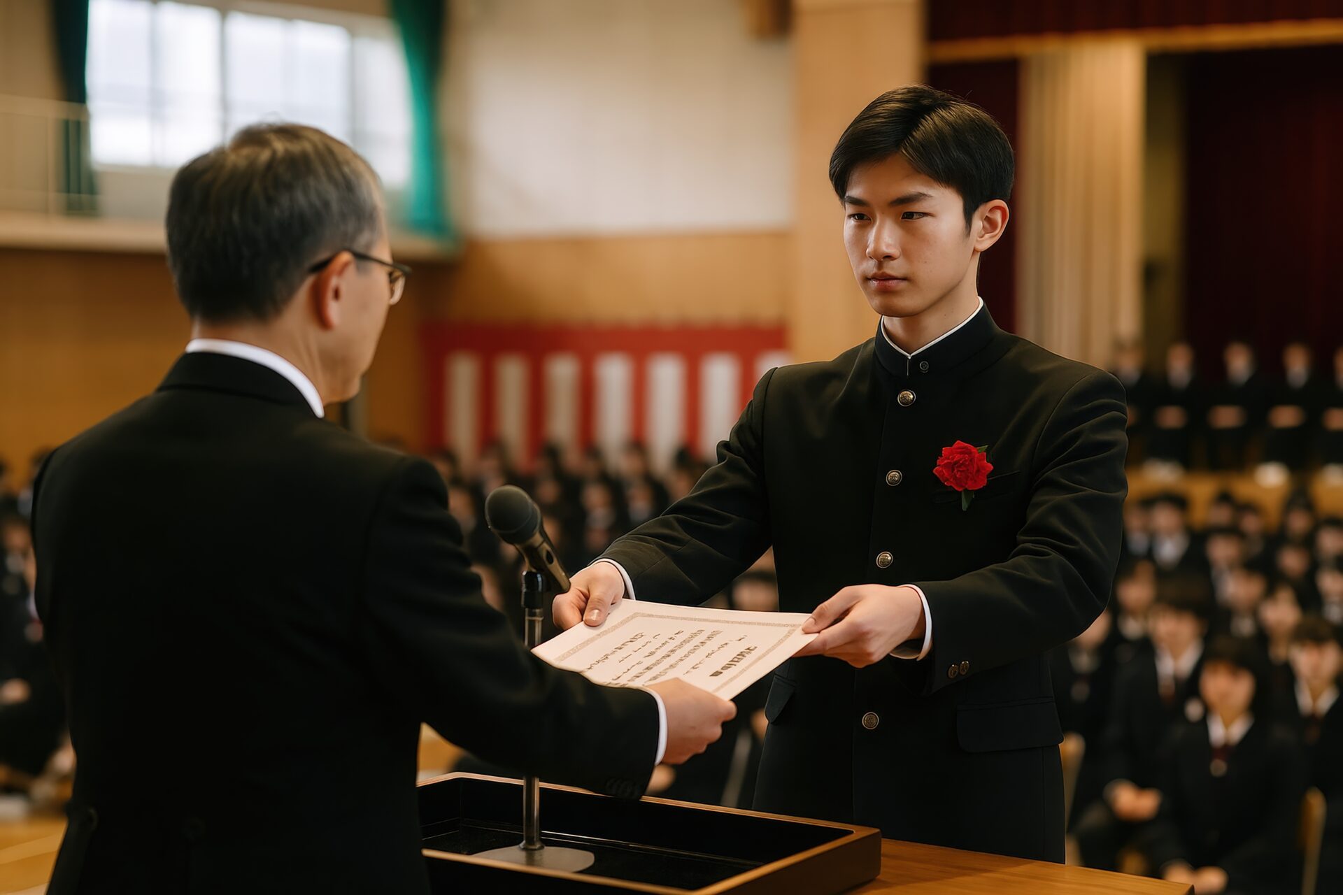 卒業式で厳粛に証書を受け取る男子生徒