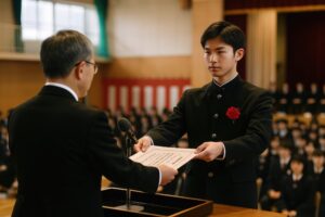 卒業式で厳粛に証書を受け取る男子生徒