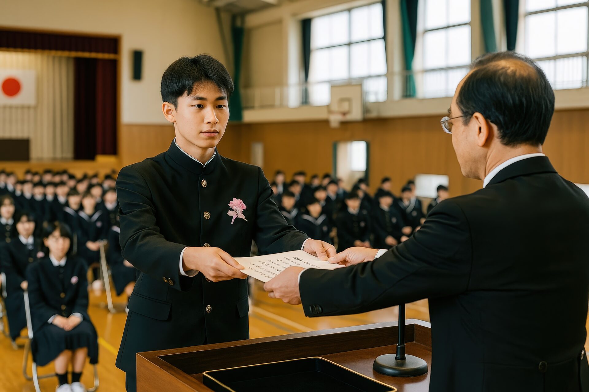卒業証書を手渡される男子学生の真剣な表情