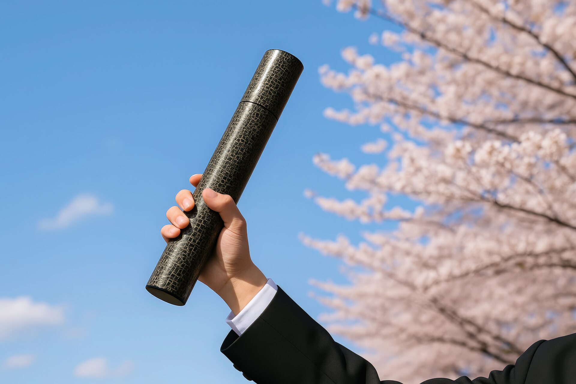 桜の下で卒業証書入れを掲げる学生の手