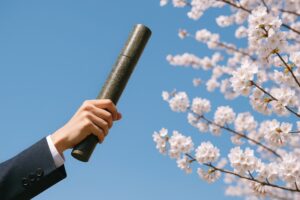 桜と青空を背景に卒業証書入れを持つ学生の手