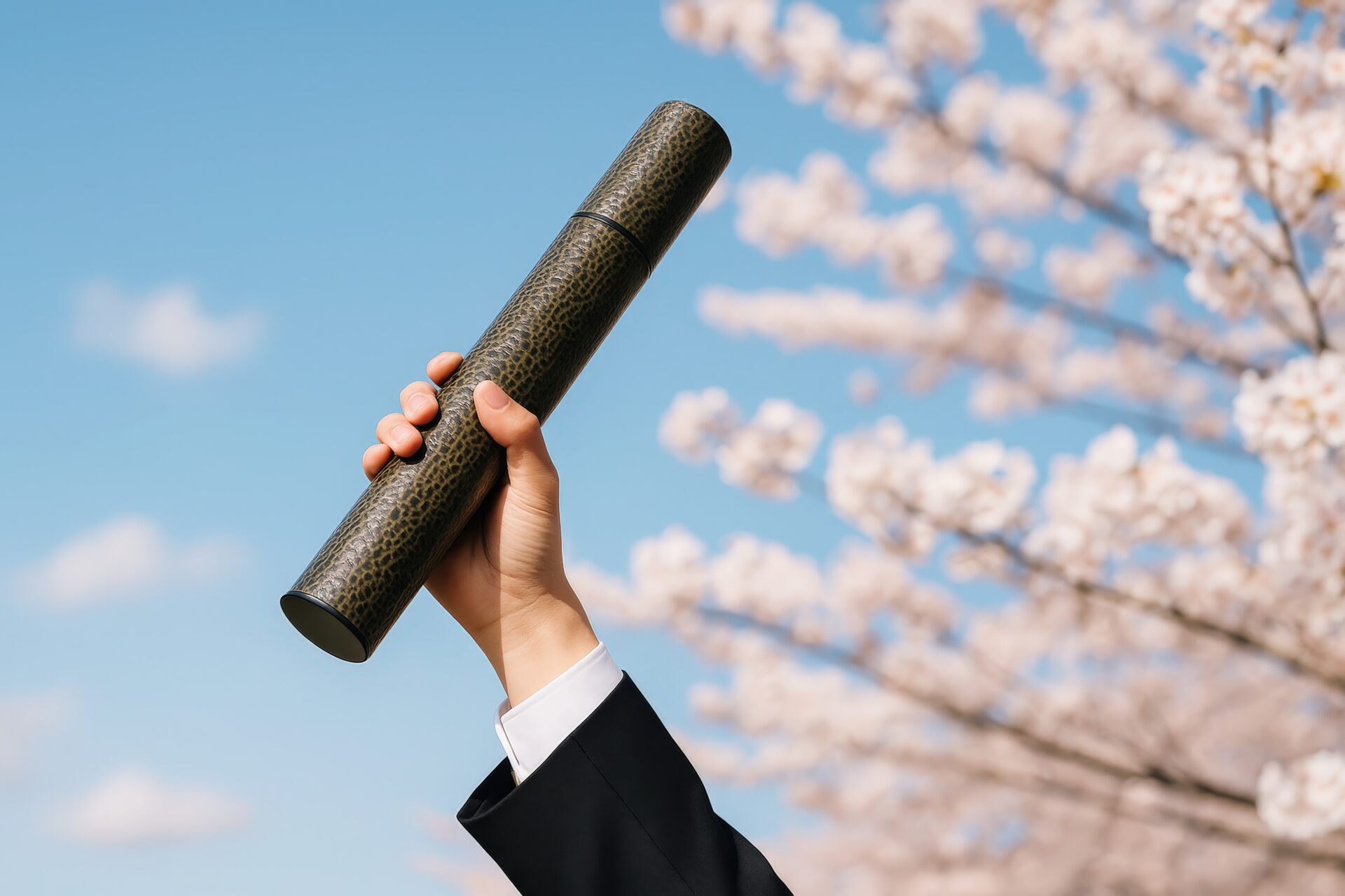 青空の下で卒業証書を掲げる制服姿の学生の手