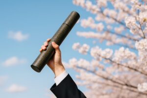 青空の下で卒業証書を掲げる制服姿の学生の手