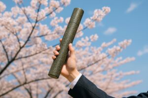 満開の桜を背景に卒業証書を持つ学生の手