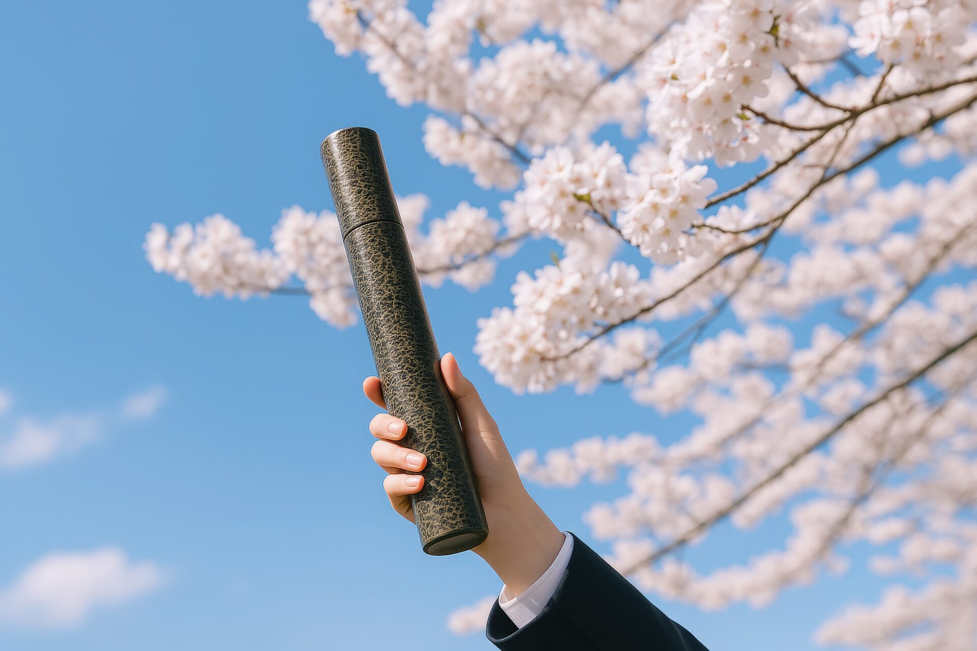 春の桜と空に向かって卒業証書を掲げる手元