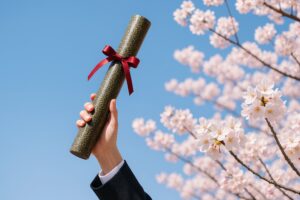 赤いリボンの卒業証書を桜の下で掲げる学生の手