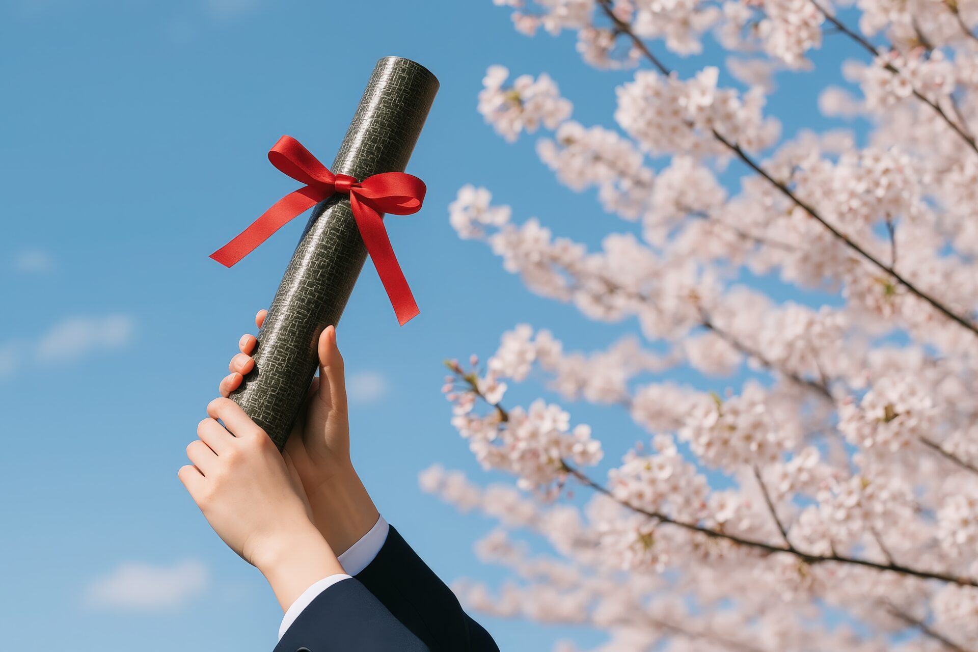 両手で卒業証書を掲げる制服姿の学生と満開の桜