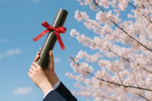 両手で卒業証書を掲げる制服姿の学生と満開の桜