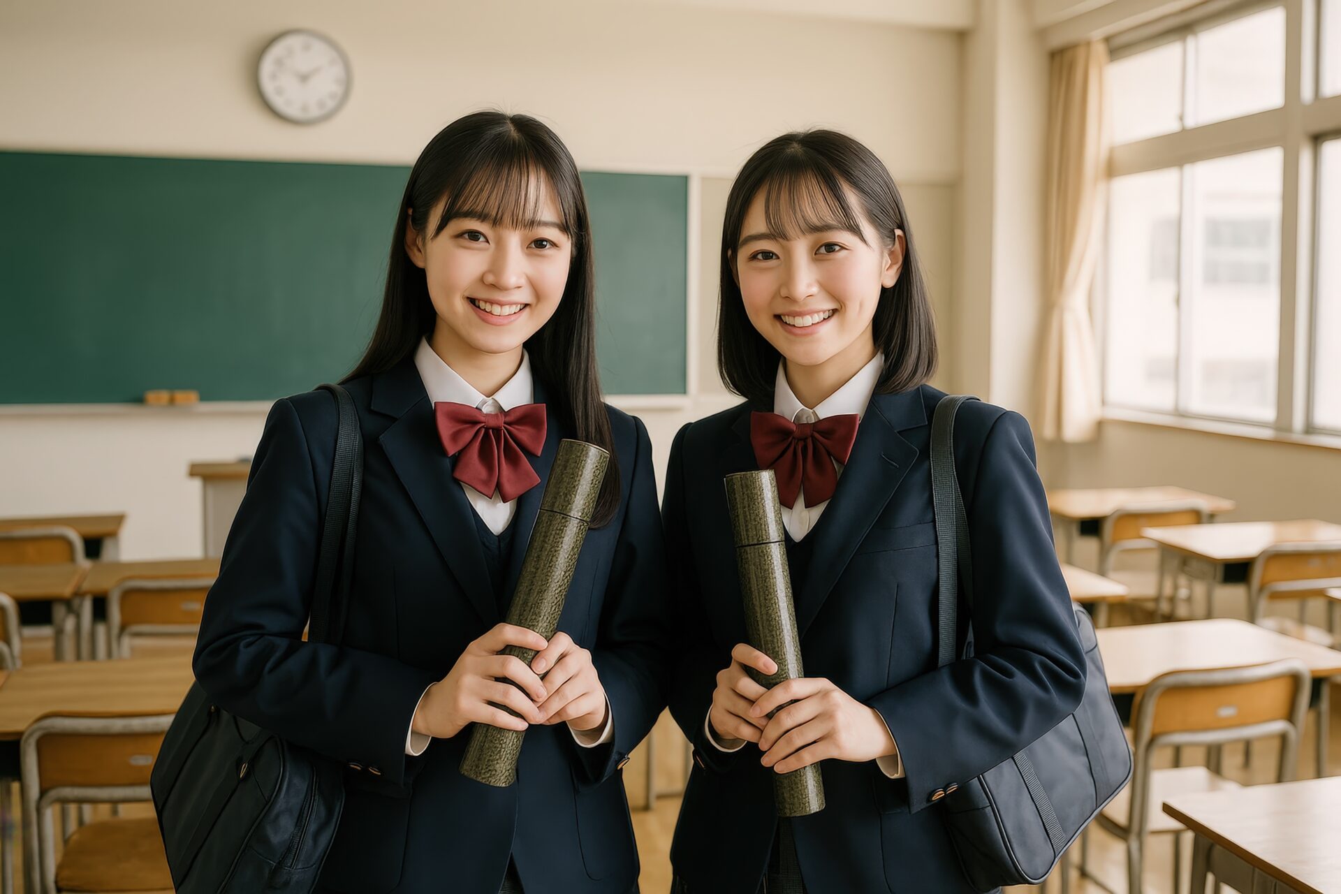 教室で卒業証書を持つ制服姿の女子高校生二人