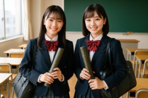 卒業証書を手に笑顔を見せる女子学生二人組