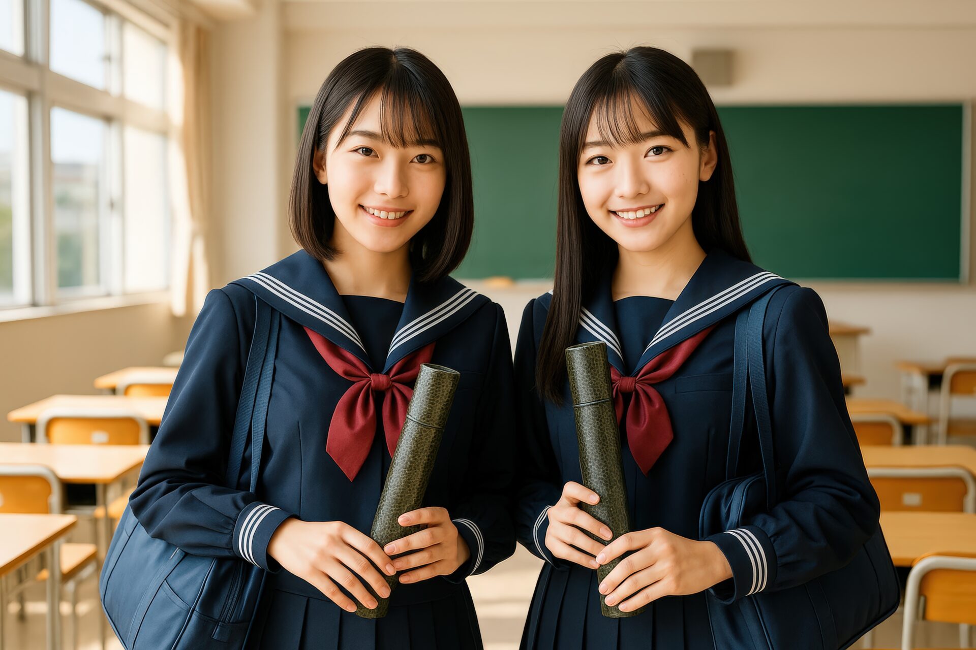 セーラー服の女子学生二人が卒業証書を手に持つ教室風景