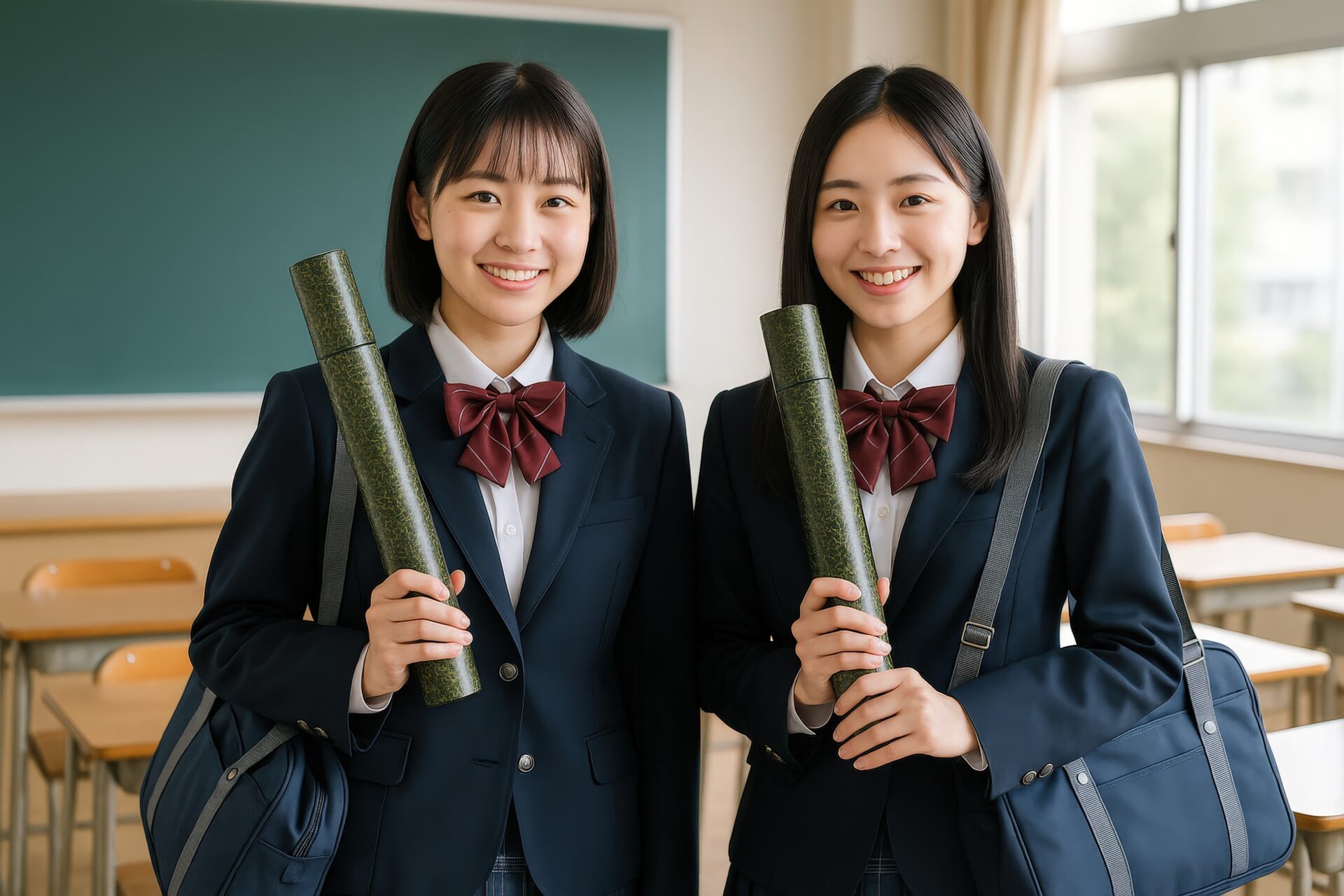 制服姿の女子高校生二人が卒業証書を手に記念撮影