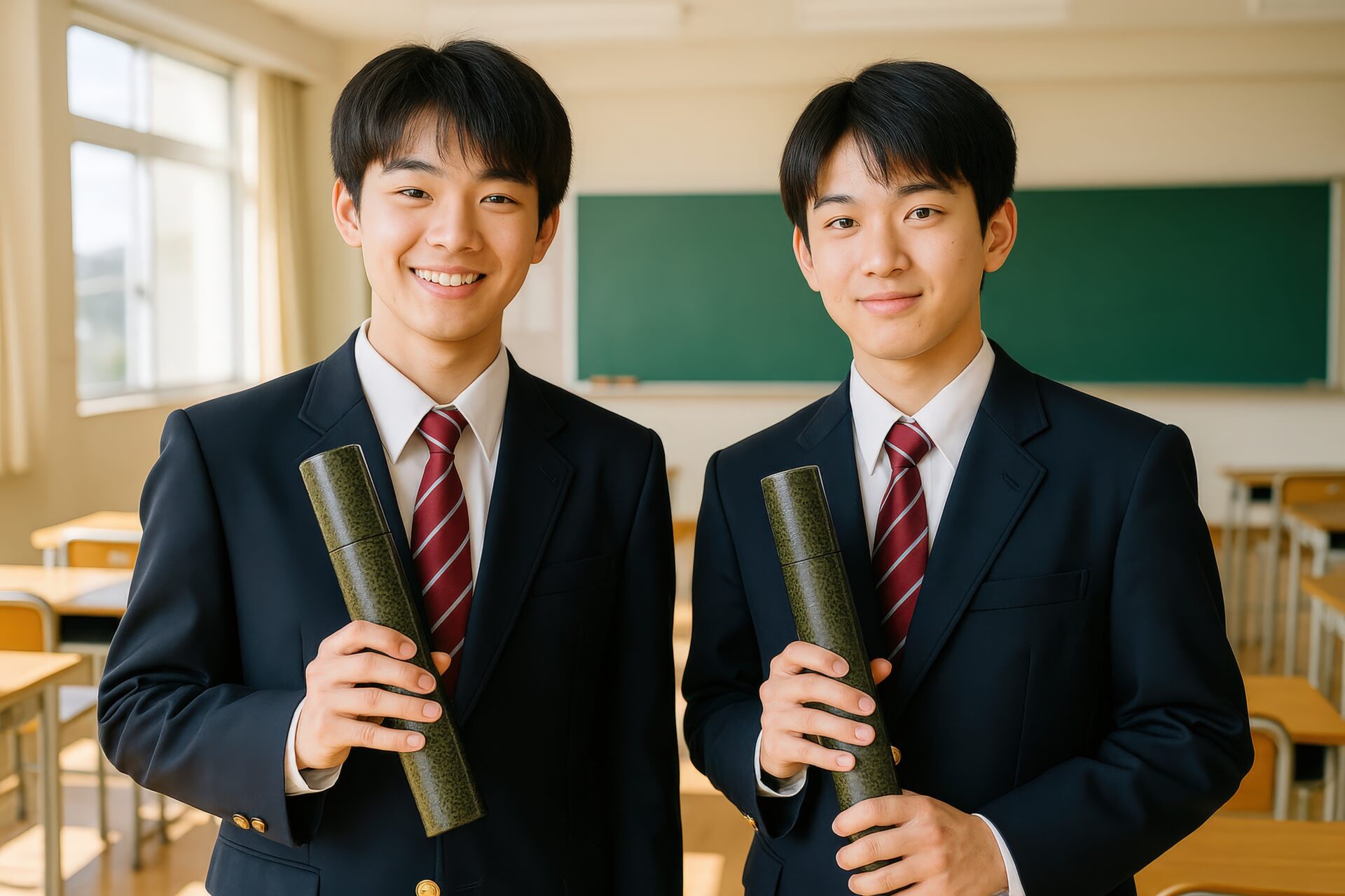 スーツ姿の男子高校生二人が教室で卒業記念写真