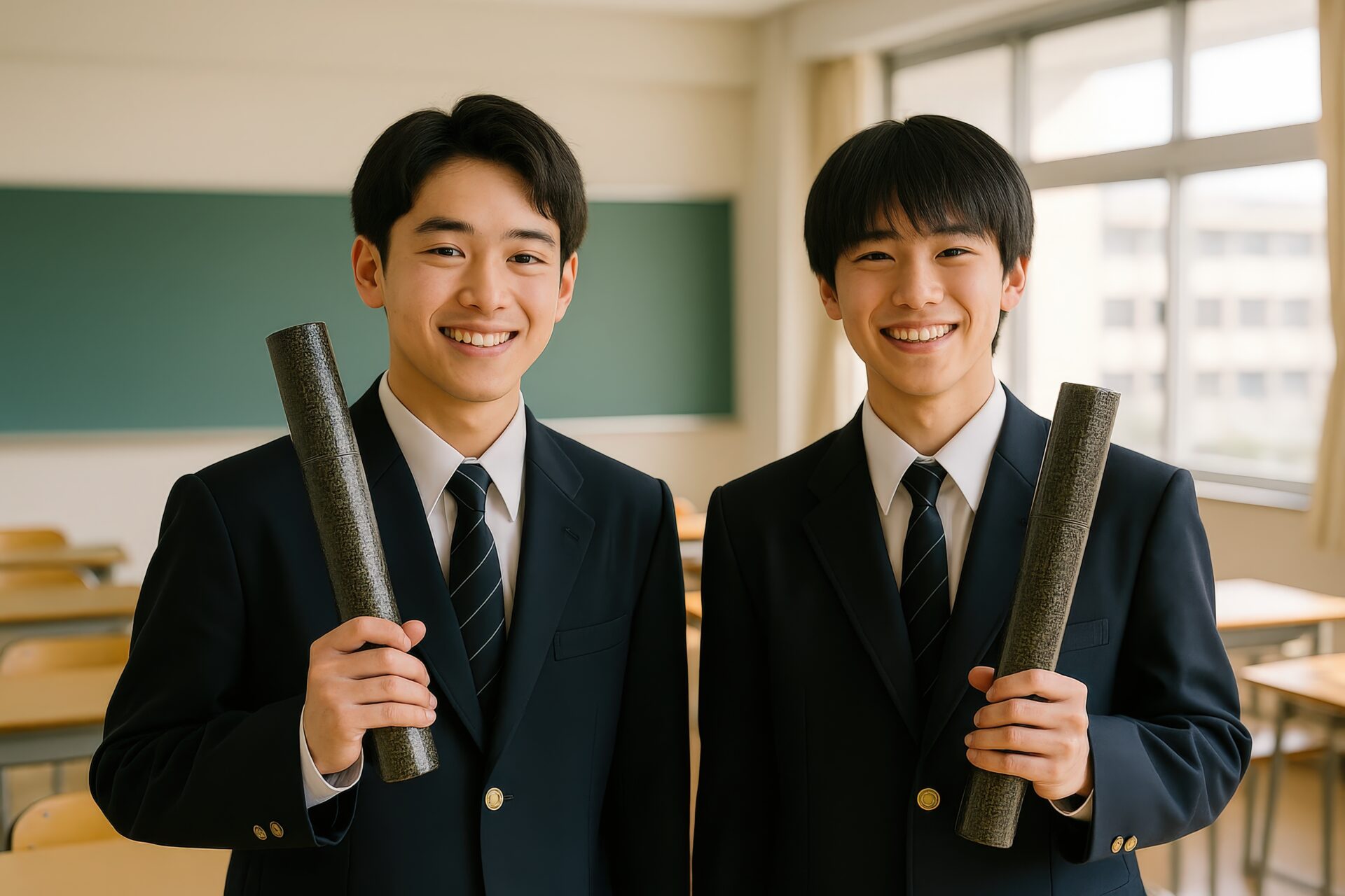卒業証書を持つ男子学生二人が教室で並ぶ記念写真