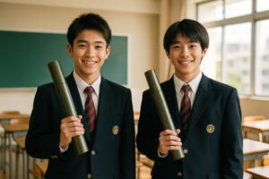 卒業証書を持つ男子学生二人が教室で並ぶ記念写真