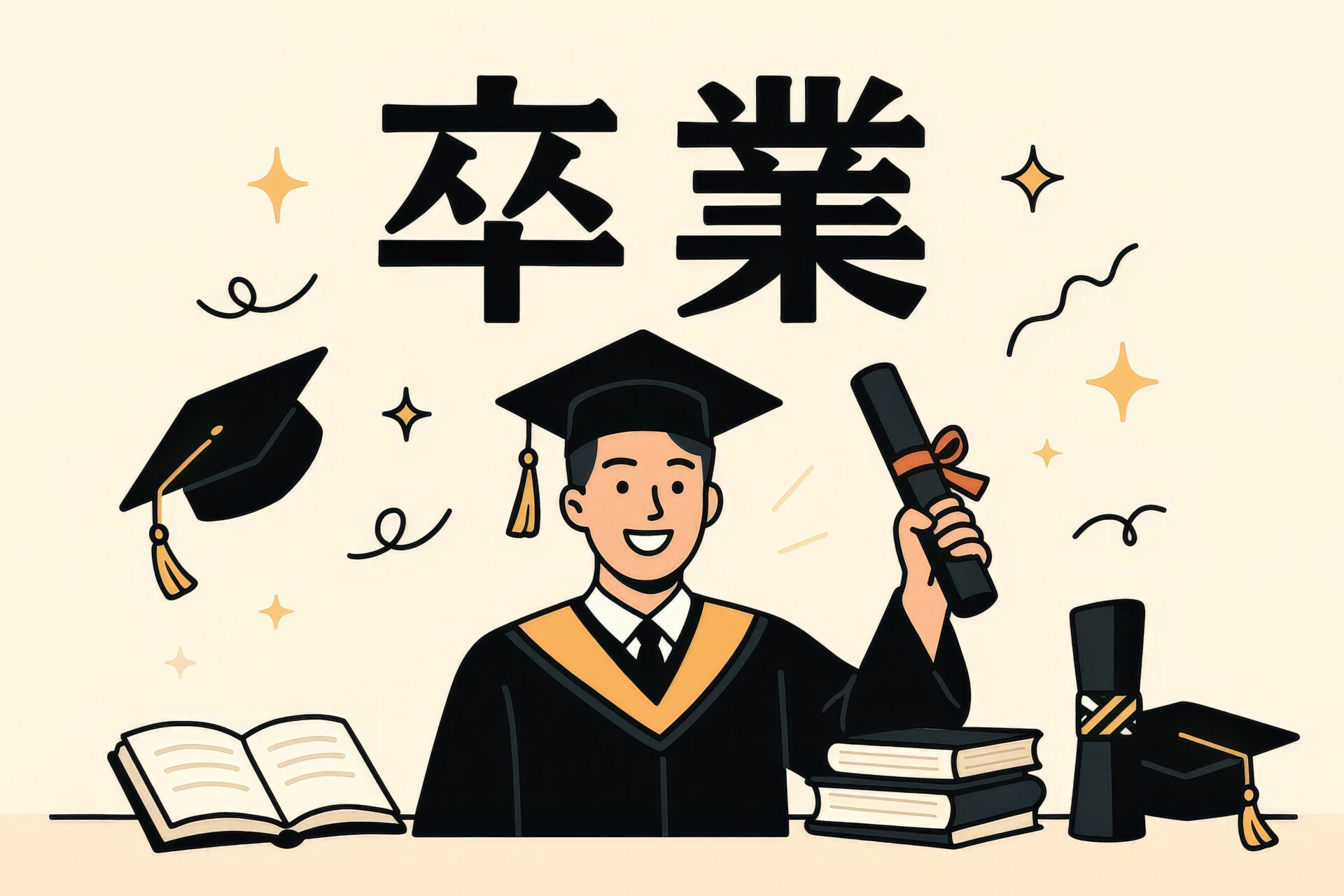 笑顔で卒業証書を掲げる大学生のイラスト