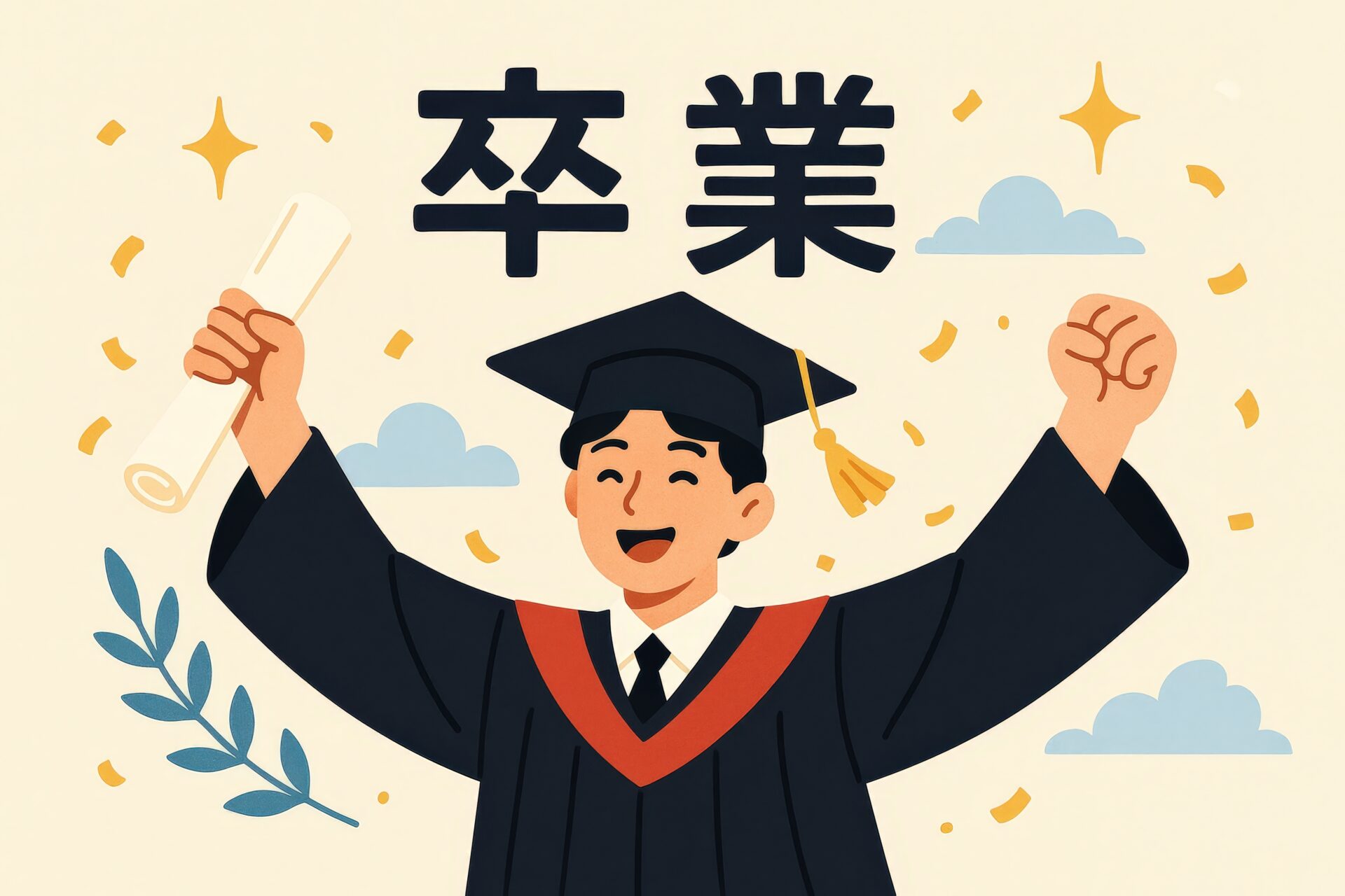 卒業を喜ぶ大学生と紙吹雪のイラスト
