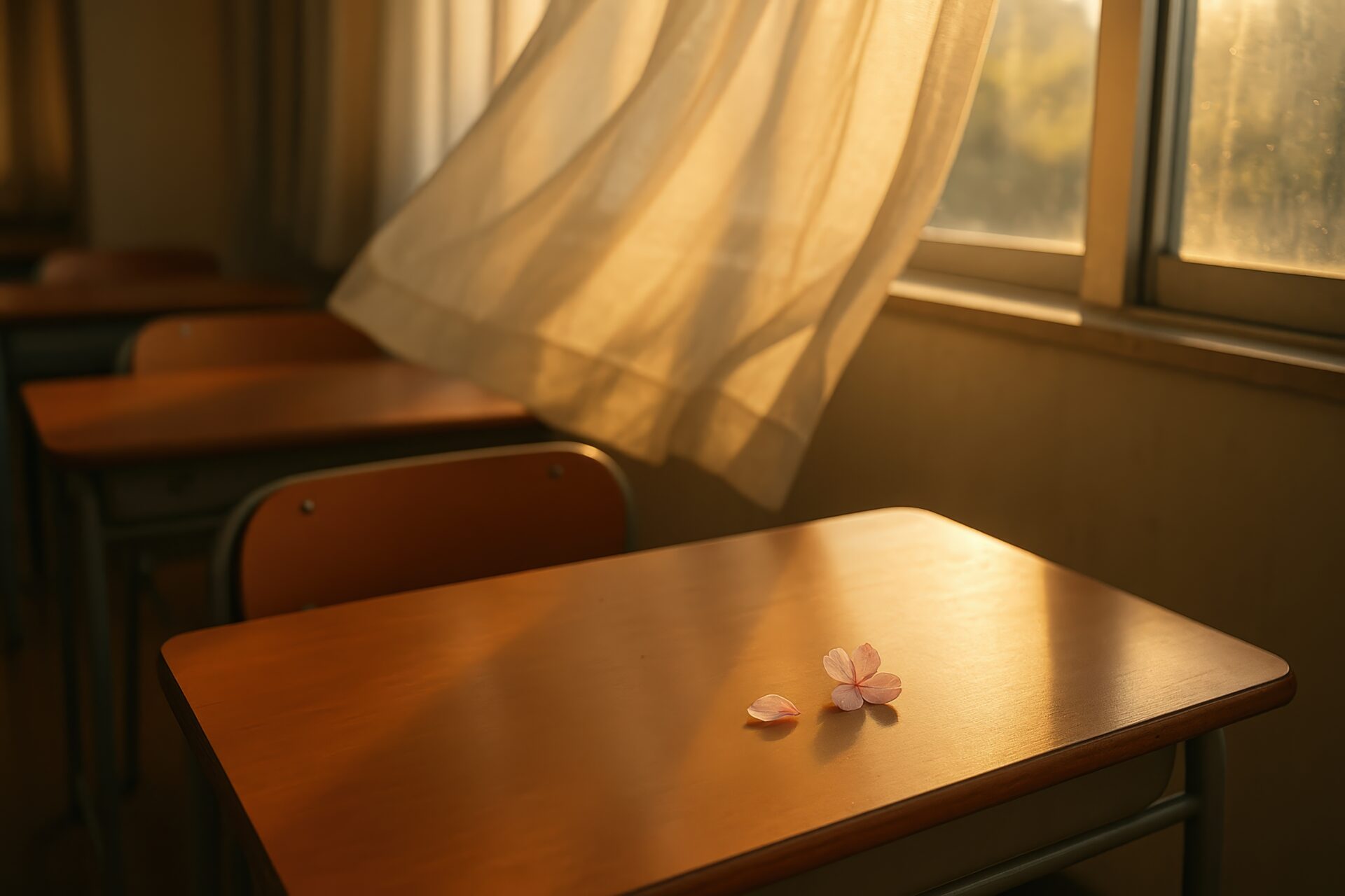 放課後の教室で桜の花びらが置かれた机と揺れるカーテン